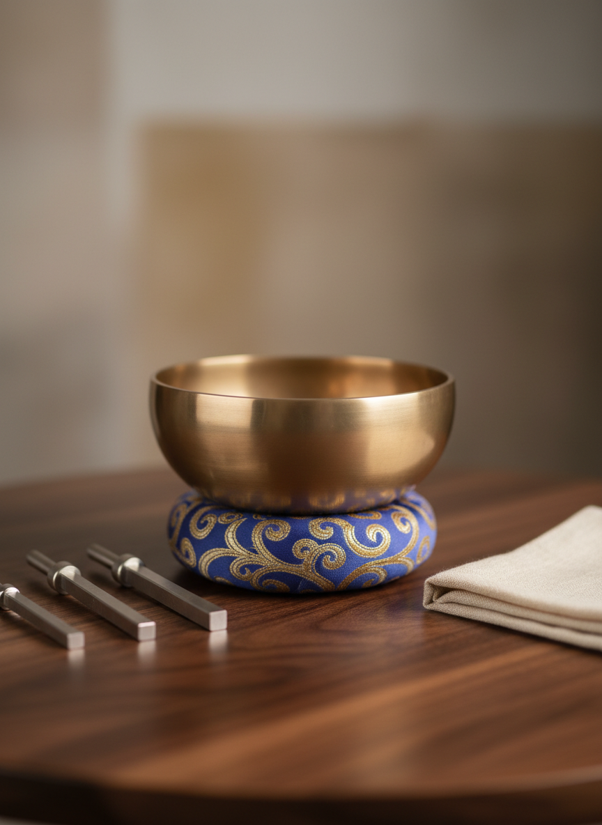 A close-up of a polished singing bowl made of warm, brushed bronze resting on a circular indigo cushion with intricate gold embroidery, placed on a dark walnut table. Around it lie three tuning forks of varying lengths, their metallic surfaces catching the light, along with a folded, cream-colored linen cloth. Soft, directional studio lighting from the upper left creates gentle highlights along the bowl’s rim and fine, velvety shadows beneath. The background is intentionally blurred, suggesting a calm healing room with neutral tones. Captured from a slightly low angle with shallow depth of field, the image feels intimate and focused. The mood is contemplative, resonant, and refined, presented in rich photographic realism to evoke the subtle, vibrational quality of sound healing in a sophisticated spiritual space.