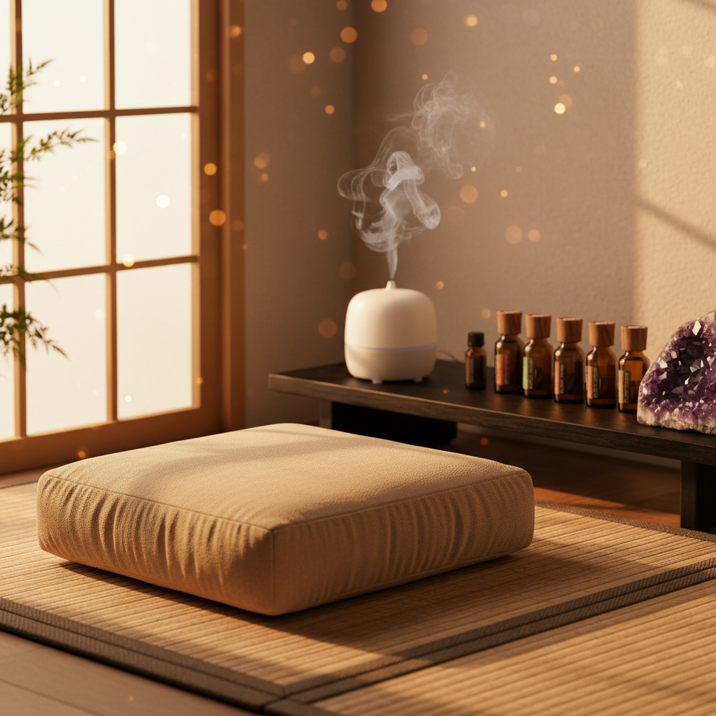 A pristine meditation corner with a plush, sand-colored floor cushion placed on a tatami-style woven mat, beside a low, lacquered wooden shelf holding neatly arranged essential oil bottles and a single amethyst geode. A delicate, matte-white ceramic diffuser emits a soft mist, illuminated by the golden hour glow streaming through a nearby paper-screen window. The light creates a gentle gradient across the wall and subtle reflections on the glass bottles. Shot from a slightly elevated angle using the rule of thirds, the foreground cushion is in sharp focus while the background softly dissolves into bokeh. The atmosphere is calm, sophisticated, and inviting, with photographic realism emphasizing natural textures, muted colors, and a refined spiritual ambiance for mind and body healing.