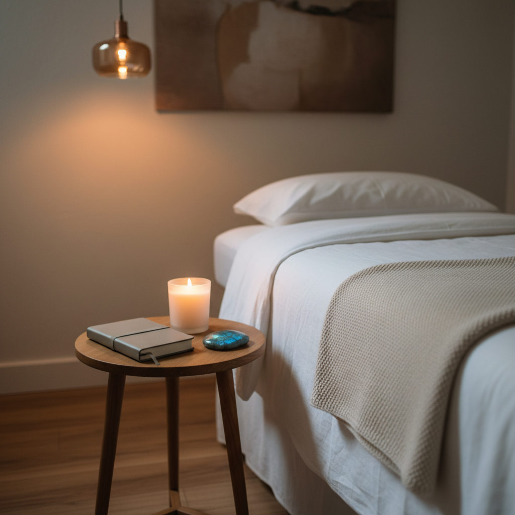 A serene therapy bed draped in immaculate, snow-white linens with a delicate, light-beige throw folded at the foot, set in a minimalist healing room. On a small, round wooden side table beside the bed rests a single lit soy candle in a frosted glass holder, a closed, dove-gray journal, and a polished labradorite palm stone. Soft, warm pendant lighting from above casts a gentle, golden glow, creating subtle, elongated shadows and a cocoon-like atmosphere. Shot at an angle from the foot of the bed, the composition leads the eye into the space with a medium depth of field, keeping the bed and table in focus while the background fades slightly. The mood is nurturing, sophisticated, and deeply restorative, captured in clean, modern photographic realism.